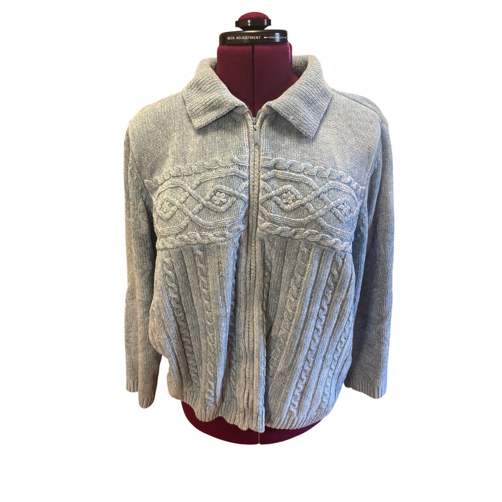 Alfred Dunner Light Blue Zip-Up Chenille Cable Knit Cardigan Sweater Size L